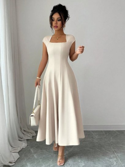 Elenzga Womens Elegant Solid Color Square Neck Waist