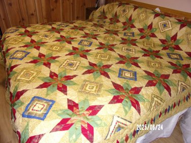 King size Gold, Red, & Green Star Quilt - measures 100x100 inches