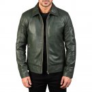 Men Green Shirt Collar Leather Biker Jacket