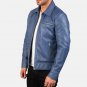 Men Shirt Collar Blue Leather Jacket