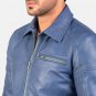 Men Shirt Collar Blue Leather Jacket