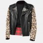 Printed Sleeves Black Mens Leather Biker Jacket