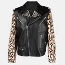 Printed Sleeves Black Mens Leather Biker Jacket