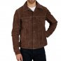 Men James Shirt Collar Dark Brown Suede Leather Trucker Jacket