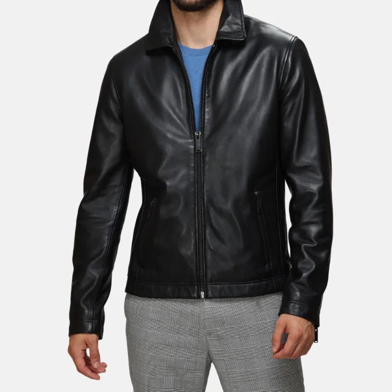 Men Classic Collar Jacket Black Leather