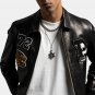 Men Patched Black Bomber Leather Jacket