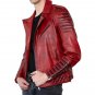 Men Red Leather Biker Jacket  with Quilted Details