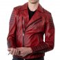 Men Red Leather Biker Jacket  with Quilted Details