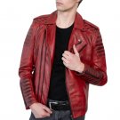 Men Red Leather Biker Jacket with Quilted Details Men Red Leather Biker Jacket with Quilted Details