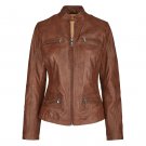Women Regular Fit Brown Leather Jacket