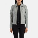 Women Shirt Collar Leather Grey Jacket