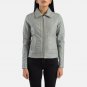 Women Shirt Collar Leather Grey Jacket