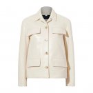 Women Shirt Collar Off White Leather Jacket