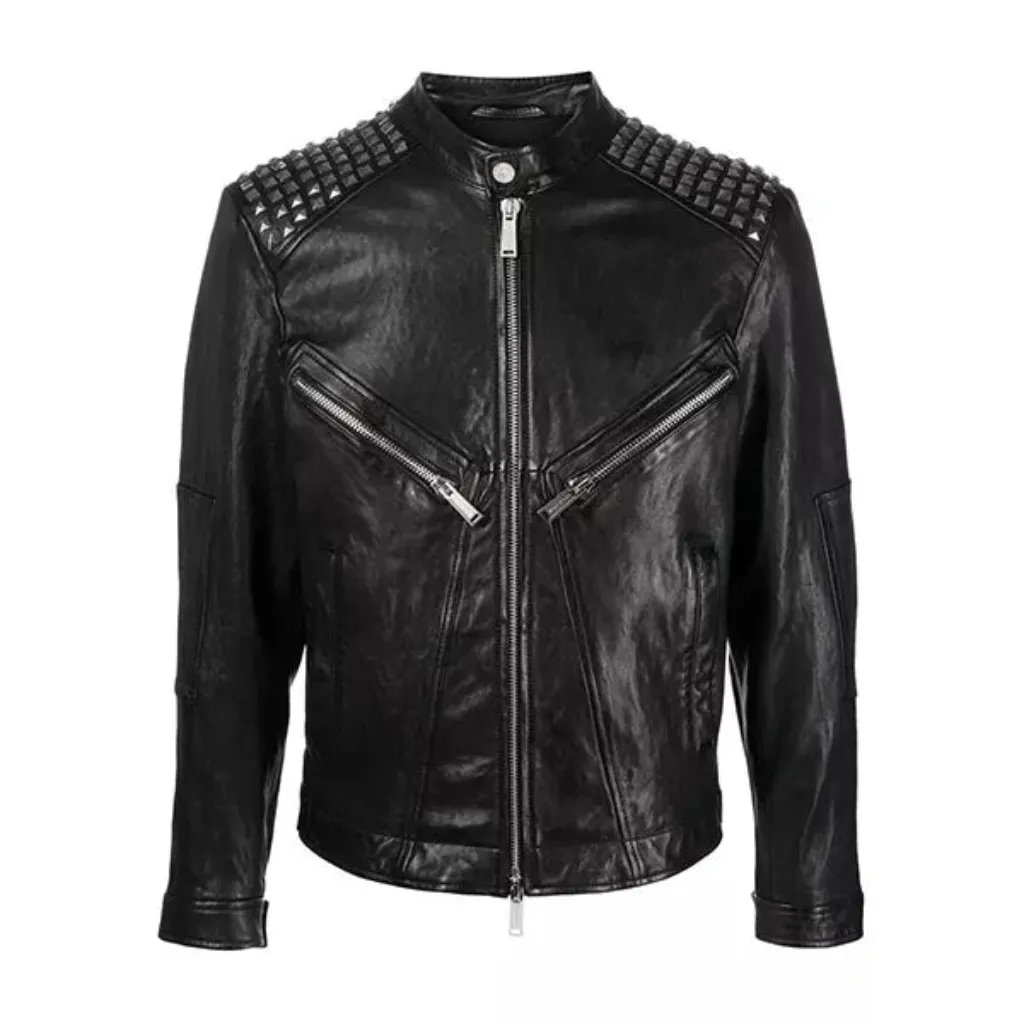Men Studded Leather Motorcycle Jacket