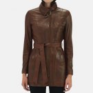 Women Length Belted Leather Brown Trench Coat Women Length Belted Leather Brown Trench Coat