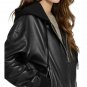 Women Black Hooded with Removable Hood Leather Bomber Jacket