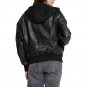 Women Black Hooded with Removable Hood Leather Bomber Jacket