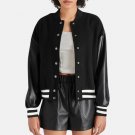 Women Black Lettermen With Leather Sleeves Bomber Jacket Women Black Lettermen With Leather Sleeves Bomber Jacket