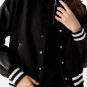 Women Black Lettermen With Leather Sleeves Bomber Jacket
