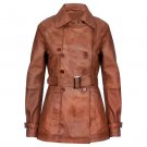 Women Brown Double Breasted Mid Length Leather Trench Coat