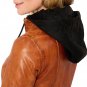 Women Cognac Leather Motorcycle with Black Removable Hood Jacket