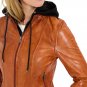 Women Cognac Leather Motorcycle with Black Removable Hood Jacket
