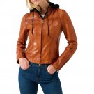 Women Cognac Leather Motorcycle with Black Removable Hood Jacket