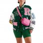 Women Green & White Wool & Leather Varsity Jacket