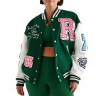 Women Green & White Wool & Leather Varsity Jacket Women Green & White Wool & Leather Varsity Jacket