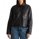 Women Cropped Black Leather Trucker Jacket