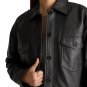 Women Cropped Black Leather Trucker Jacket