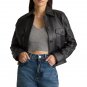 Women Cropped Black Leather Trucker Jacket