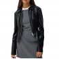 Women Shirt Collar Leather Black Jacket