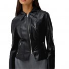 Women Shirt Collar Leather Black Jacket