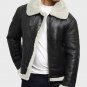 Mens Black Leather Jacket with White Fur Collar