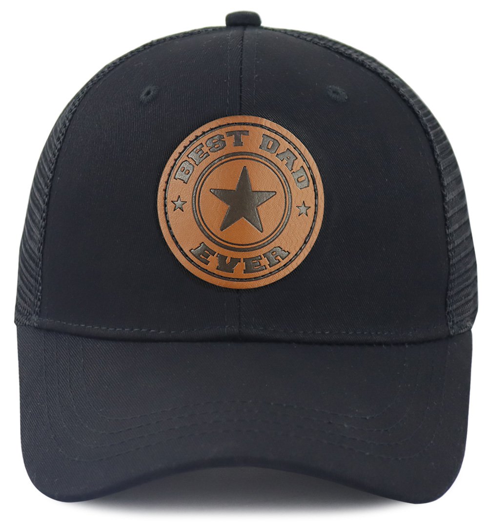 World Best Dad Ever Trucker Hat, Leather Patch Embroidered Washed Cotton Cap for Father's Day