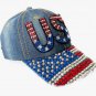 Unisex American flag baseball cap, denim distressed rhinestone cap, adult style (navy blue)