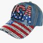 Unisex American flag baseball cap, denim distressed rhinestone cap, adult style (navy blue)