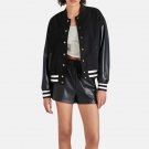 Women's Black Lettermen Bomber Varsity Jacket With Leather Sleeves