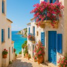 Mediterranean Coastal Town Wall Art Print | White Blue Seaside Architecture Decor