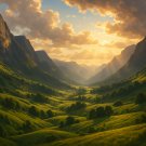 Golden Hour Mountain Valley Landscape Art Print – Modern Nature Wall Art