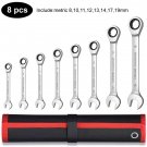 8-Piece Metric Ratcheting Wrench Set 8–19mm Chrome Vanadium with Roll-Up Pouch