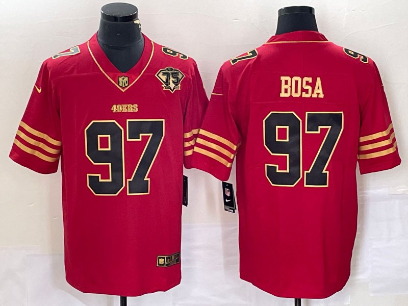 Men&acirc;��s San Francisco 49ers #97 Nick Bosa Red 75th Patch Golden Jersey