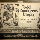 Todd Rundgren's Utopia 1974 Radio City Music Hall Newspaper Concert AD Todd Rundgren's Utopia 1974 Radio City Music Hall Newspaper Concert AD