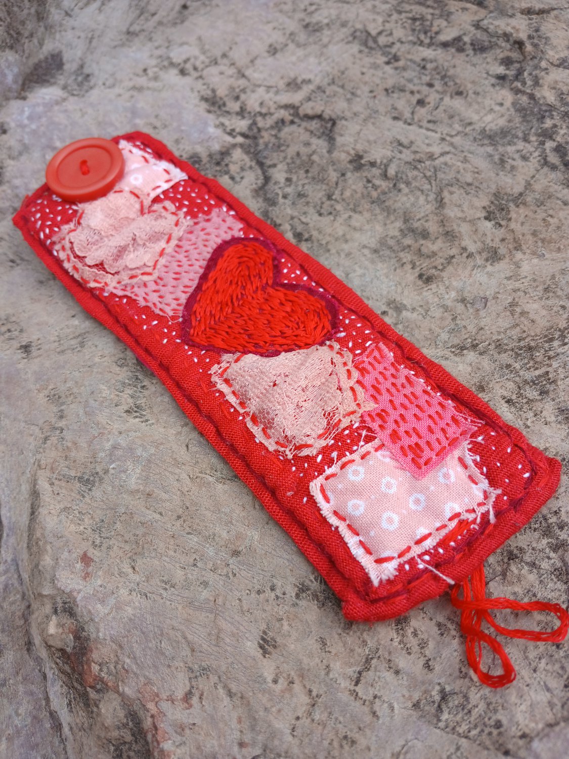 pink heart fabric cuff bracelet hand embroidered