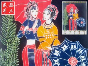 chinese batik art  mural painting - walking in rain