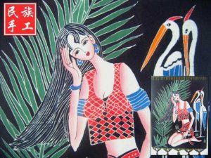 chinese batik art mural painting, wall hanging-BuYi nationality amatory  girl