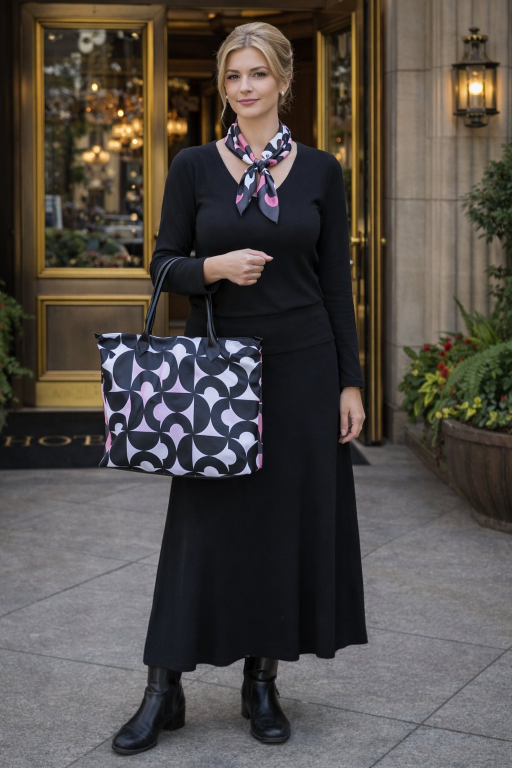 Black and White/pink pattern Satin Zip Top bag
