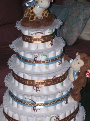 Five Tier Beenie Giraffe & Monkey Diaper cake.