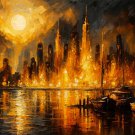 Moonfire Skyline - Fiery Cityscape Under Full Moon